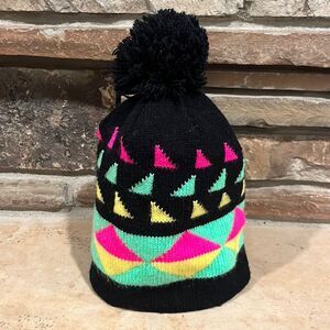Vintage 90s Heart Throb Black and Neon Knit Pompom Beanie